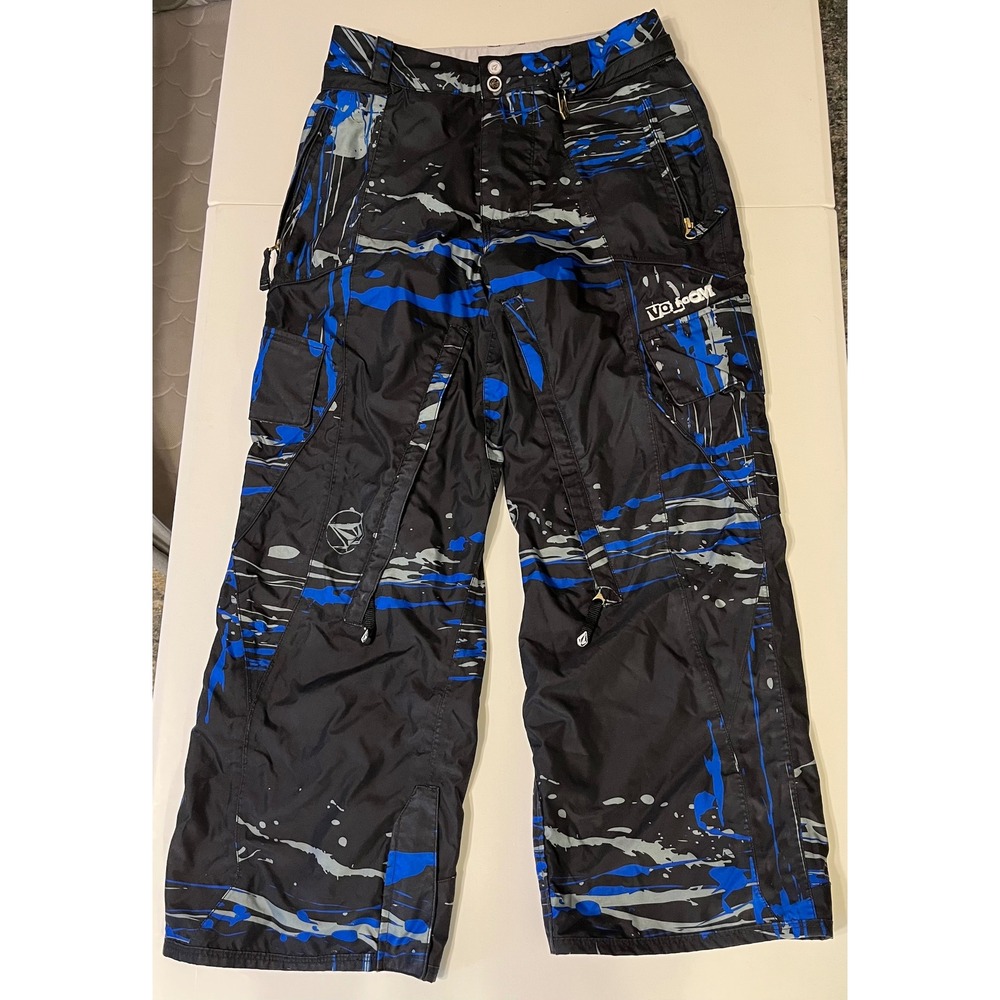 VTG Y2K Volcom Nimbus Black Blue Splatter Snowboard Ski Pants Wide Leg Mens XS